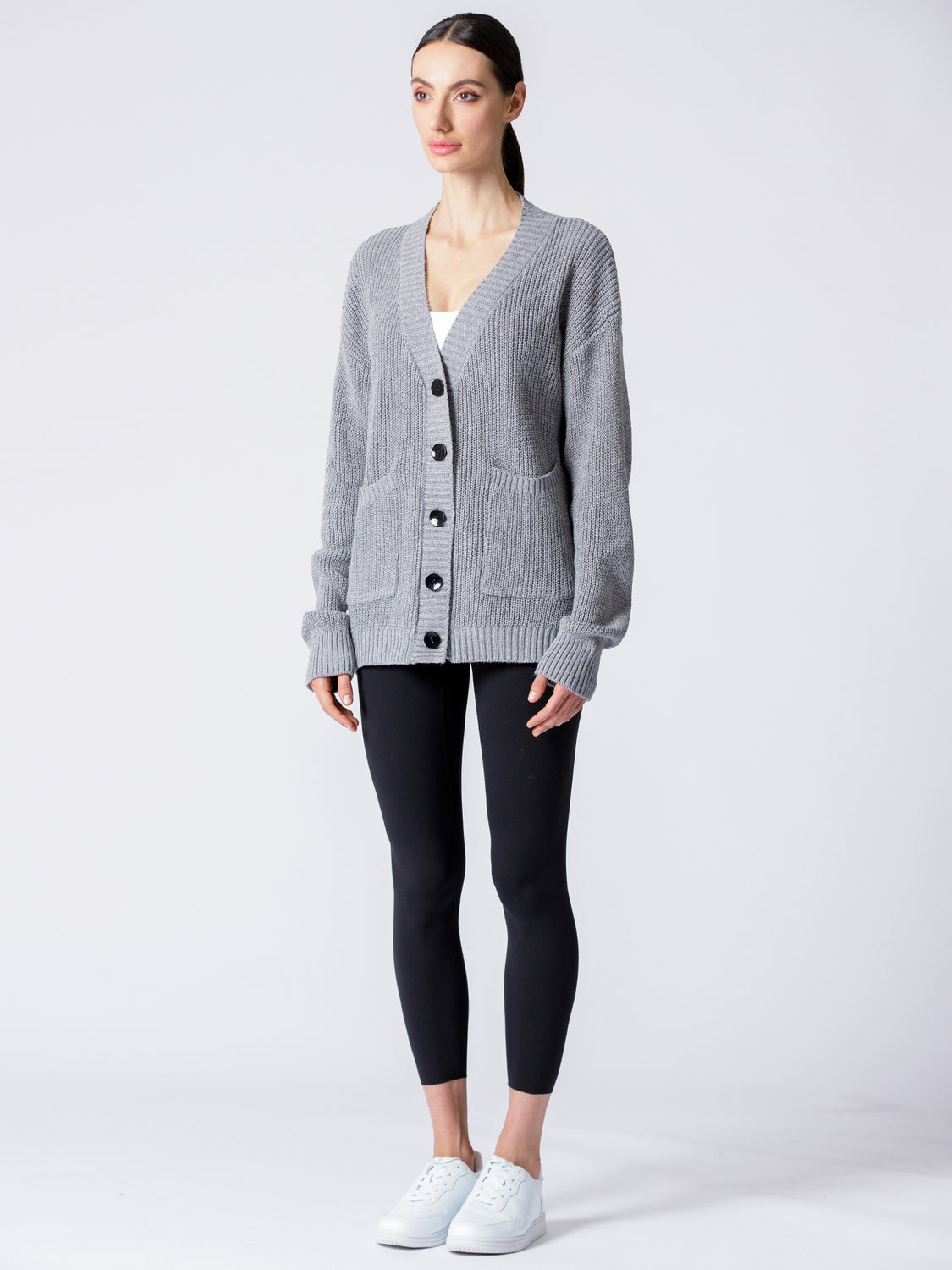 BOYFRIEND FIT KNIT CARDIGAN, LIGHT GREY