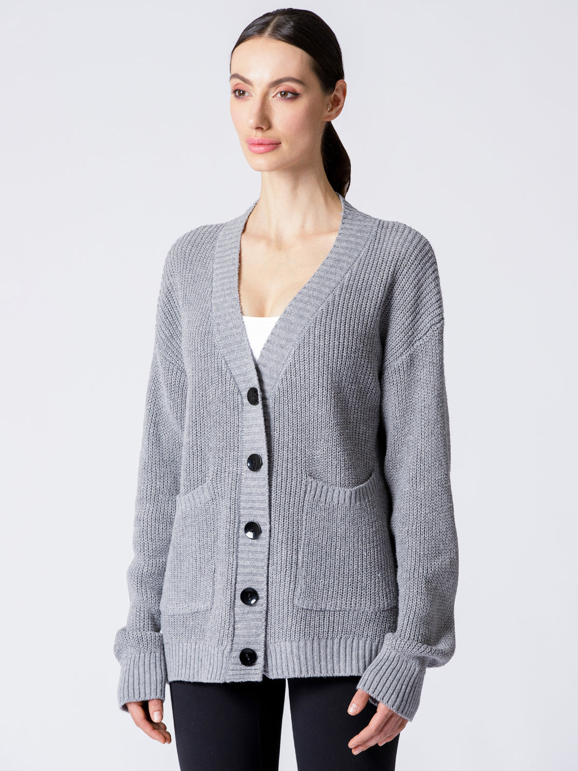 BOYFRIEND FIT KNIT CARDIGAN, LIGHT GREY