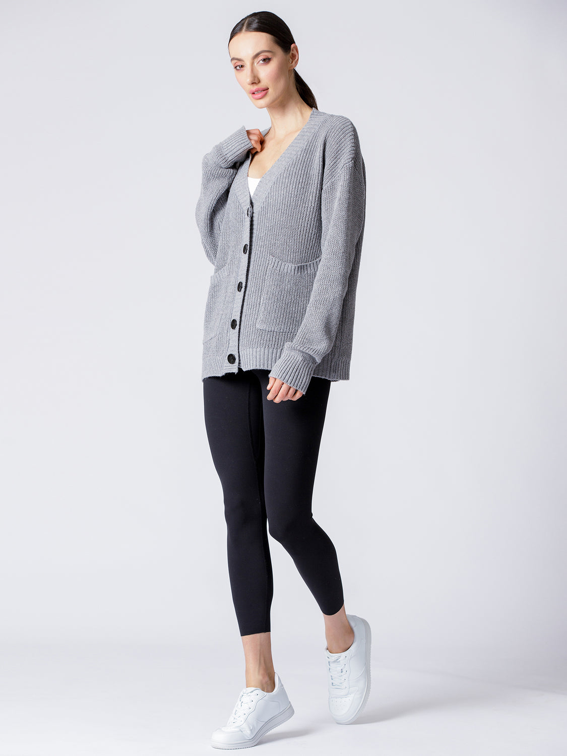 BOYFRIEND FIT KNIT CARDIGAN, LIGHT GREY