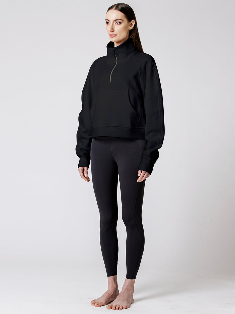 COLLARED HALF ZIP RELAXED SWEATSHIRT, BLACK