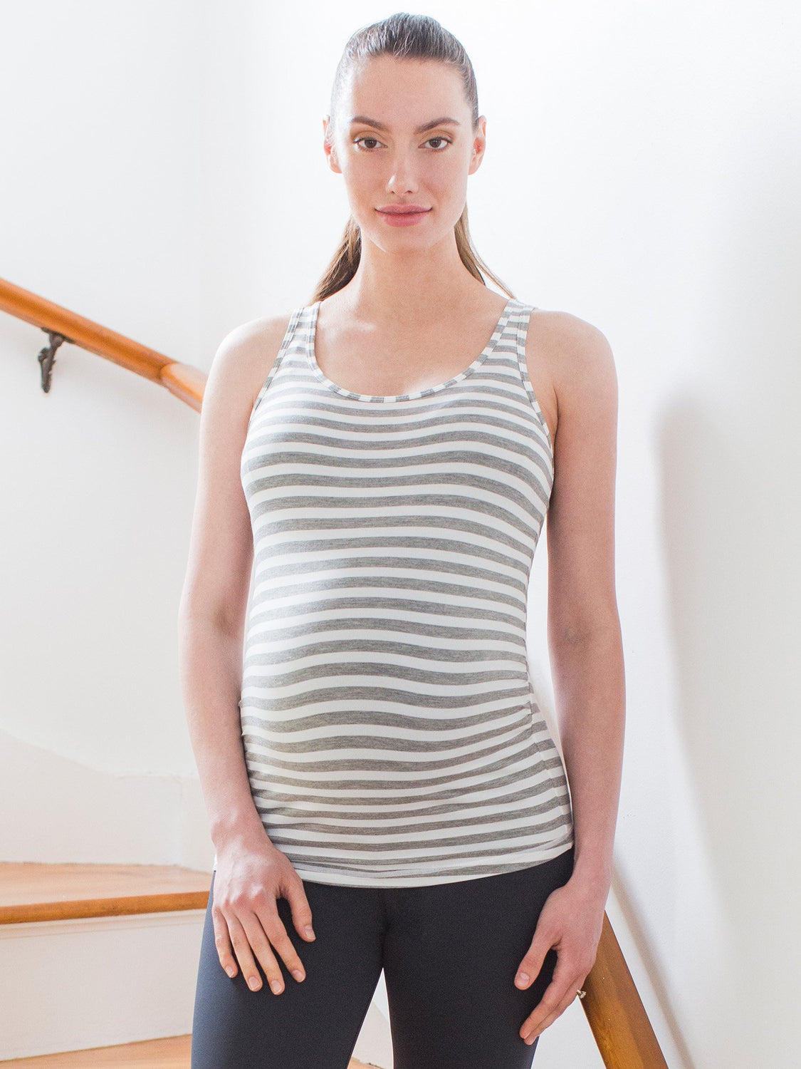 SOFT STRETCH MATERNITY TANK, LIGHT GREY STRIPES
