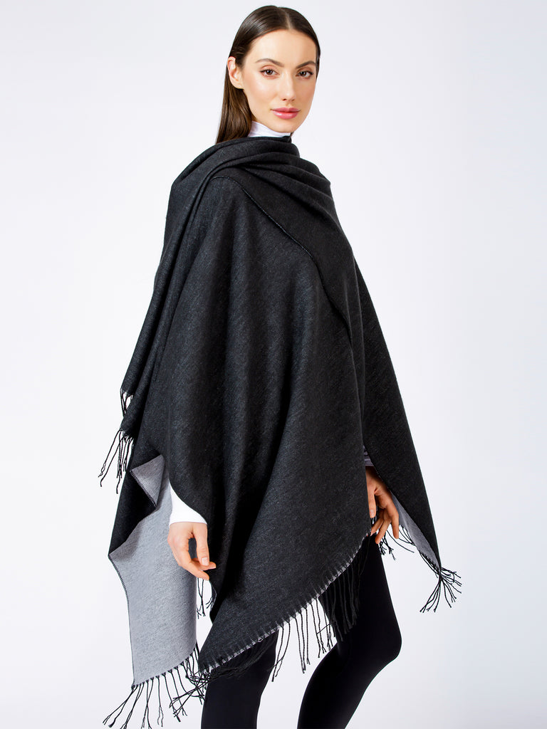 FREESTYLE FRINGED WRAP CAPE, BLACK