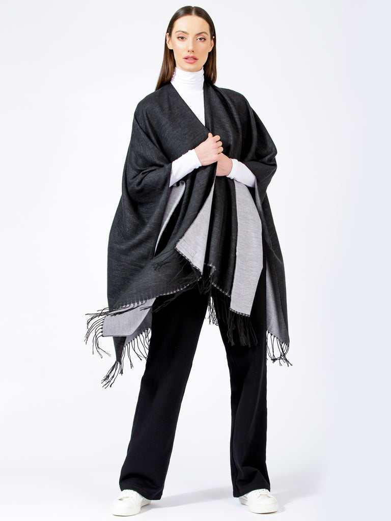 FREESTYLE FRINGED WRAP CAPE, BLACK