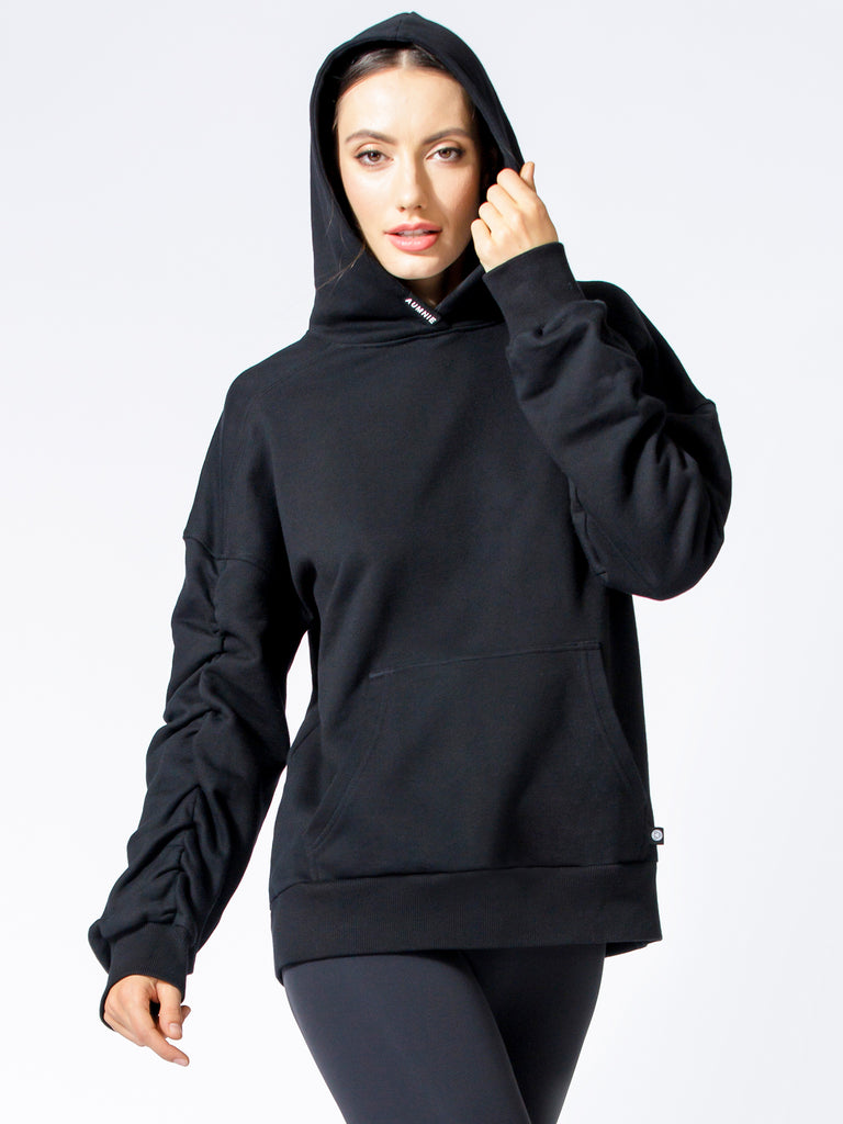 RUCHED RUNWAY HOODIE, BLACK