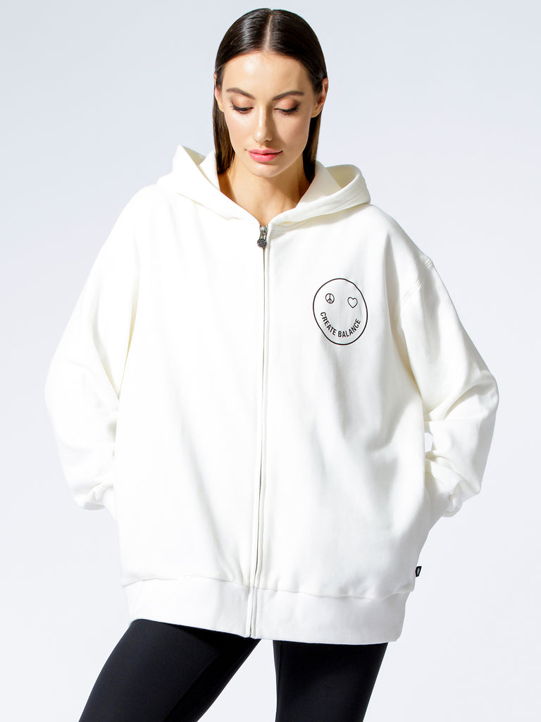 HAPPY GLOW ZIP HOODIE, WHITE