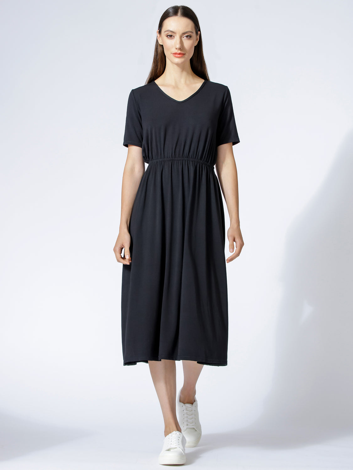 V NECK TEE DRESS, BLACK