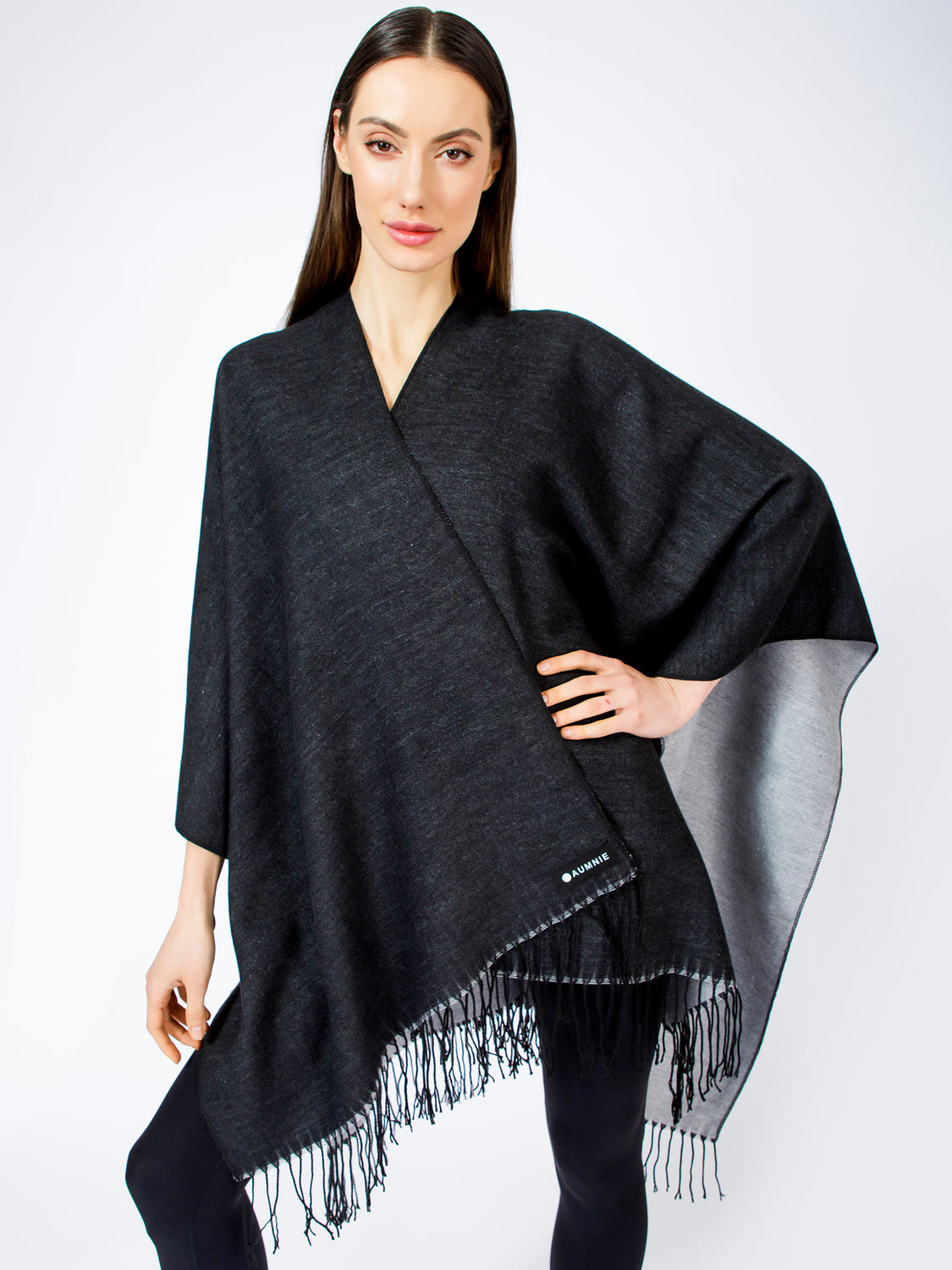 FREESTYLE FRINGED WRAP CAPE, BLACK