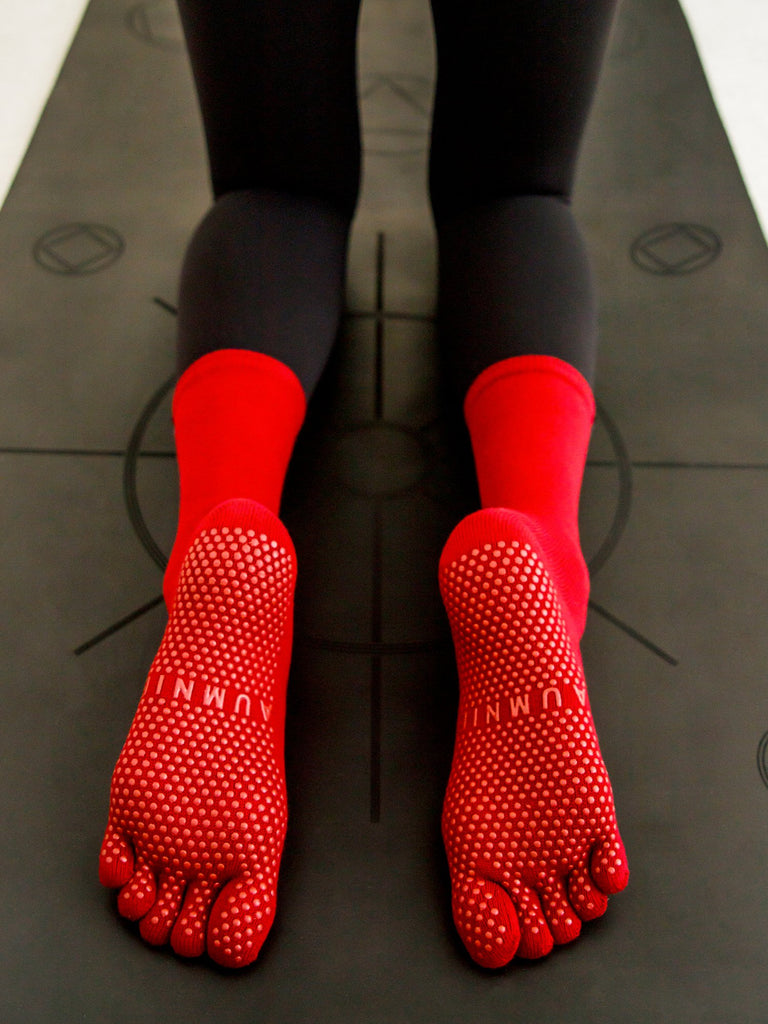 KNEE HIGH FULL TOE YOGA GRIP SOCKS,  RUBY