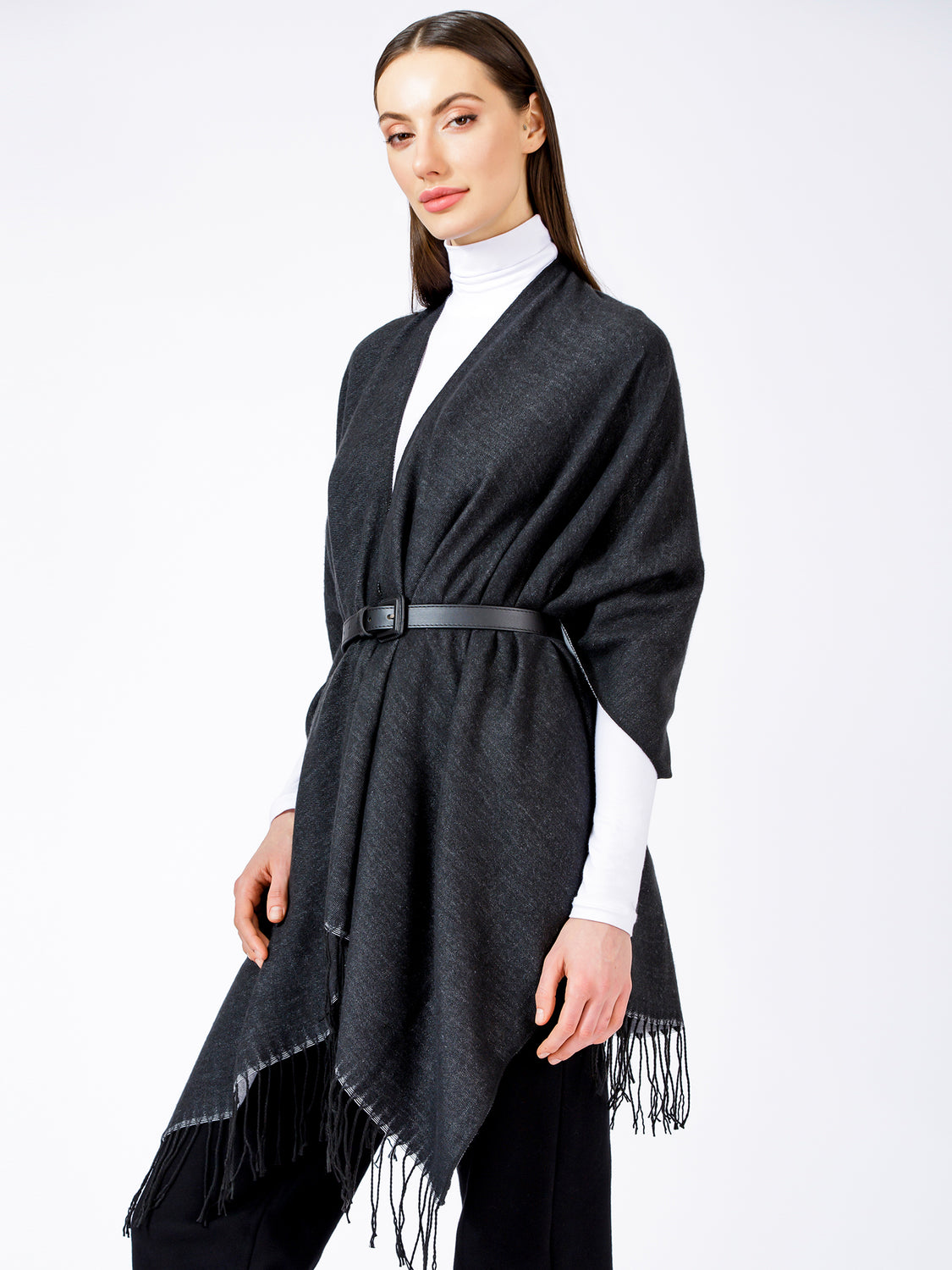 FREESTYLE FRINGED WRAP CAPE, BLACK