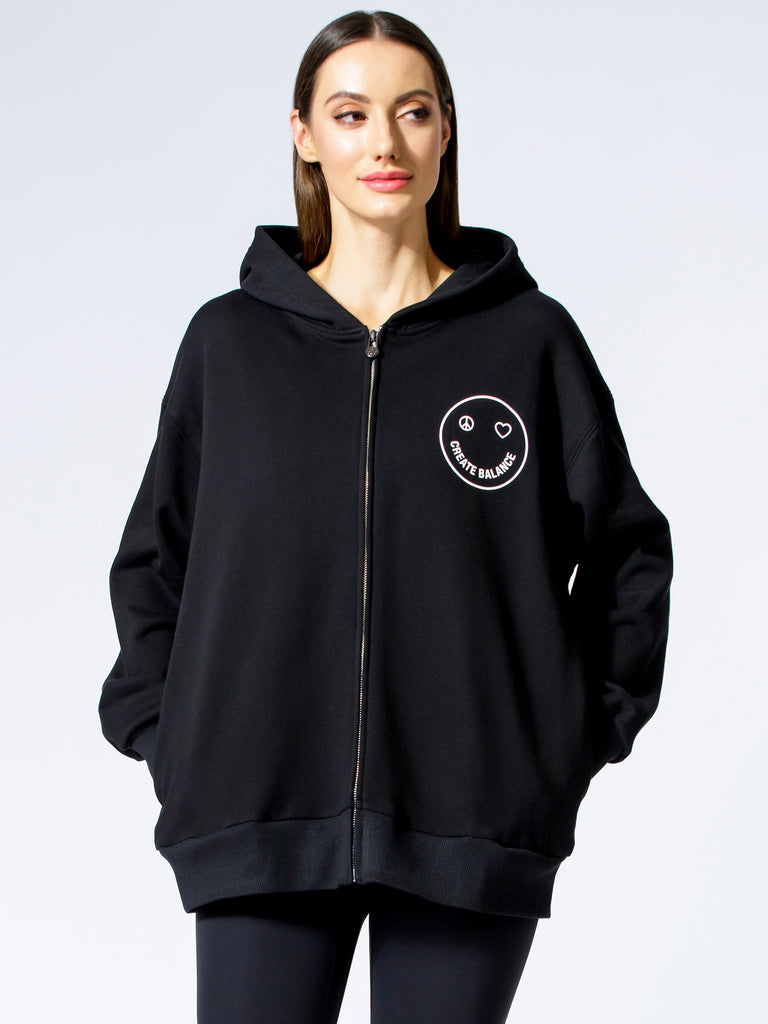 HAPPY GLOW ZIP HOODIE, BLACK