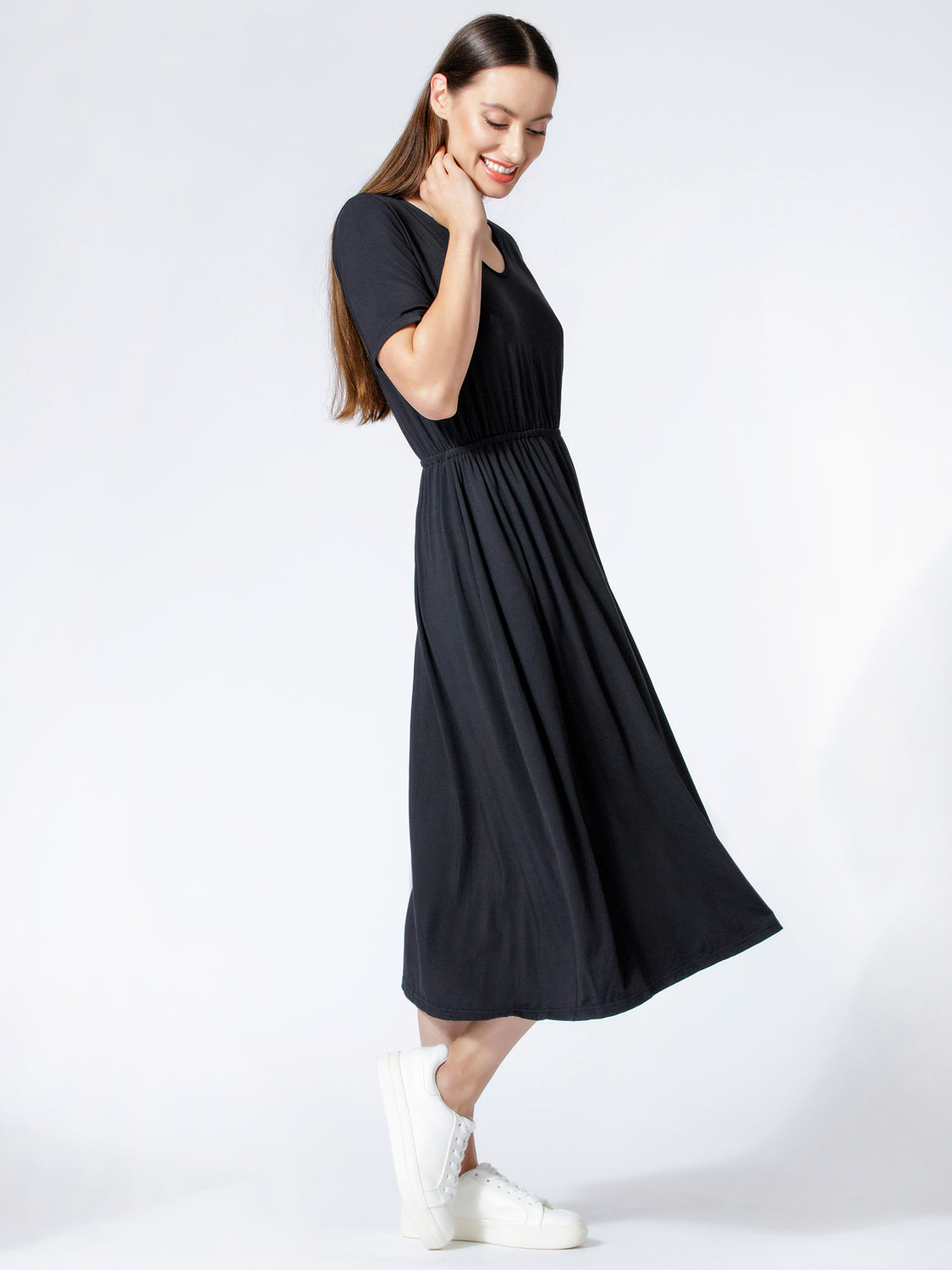 V NECK TEE DRESS, BLACK