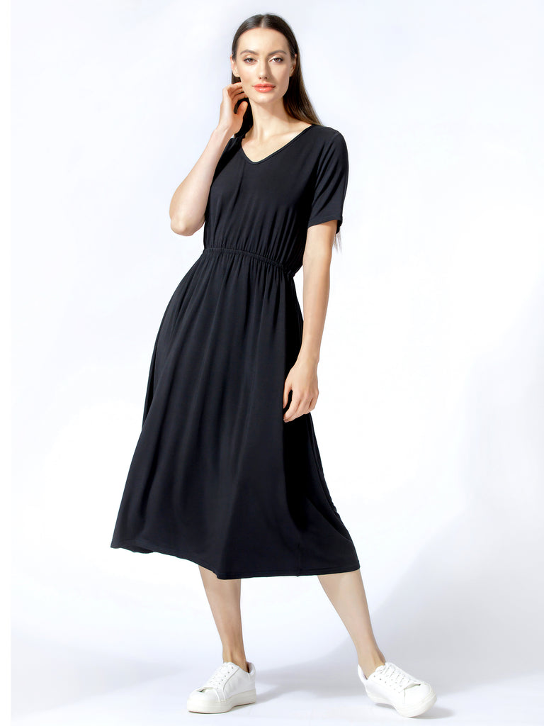 V NECK TEE DRESS, BLACK