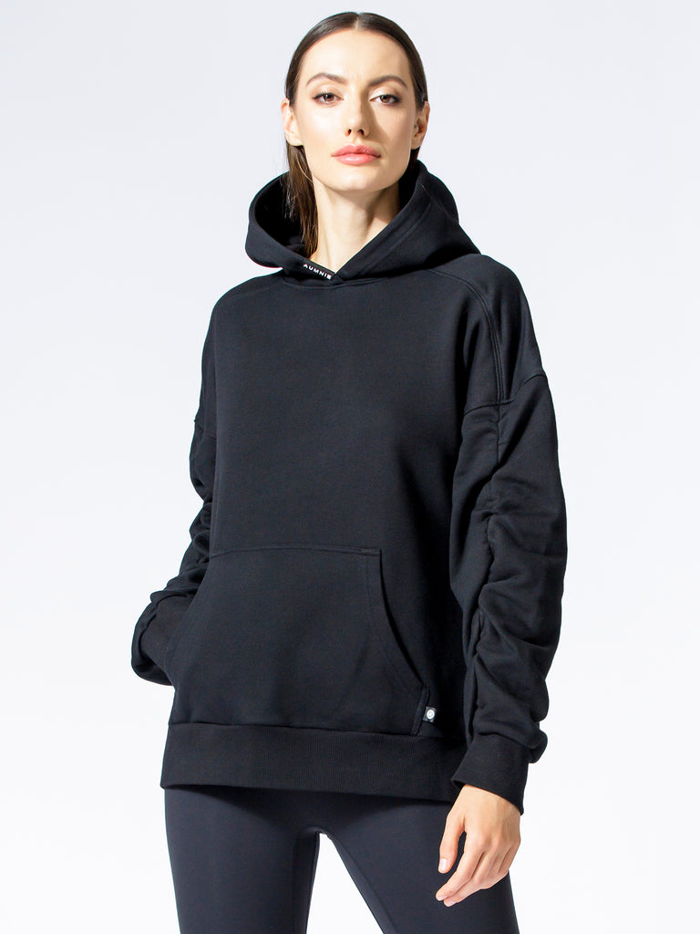 RUCHED RUNWAY HOODIE, BLACK