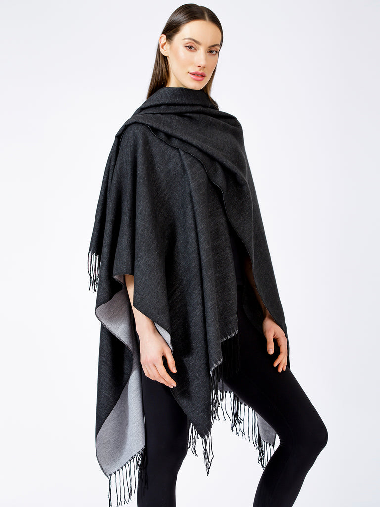 FREESTYLE FRINGED WRAP CAPE, BLACK