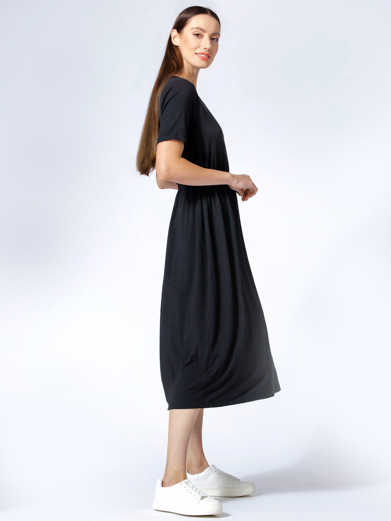 V NECK TEE DRESS, BLACK