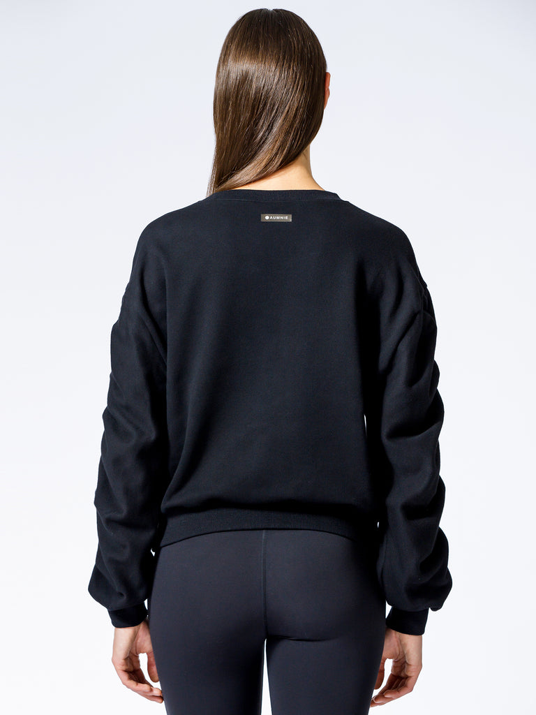 RUCHED RUNWAY SWEATSHIRT, BLACK