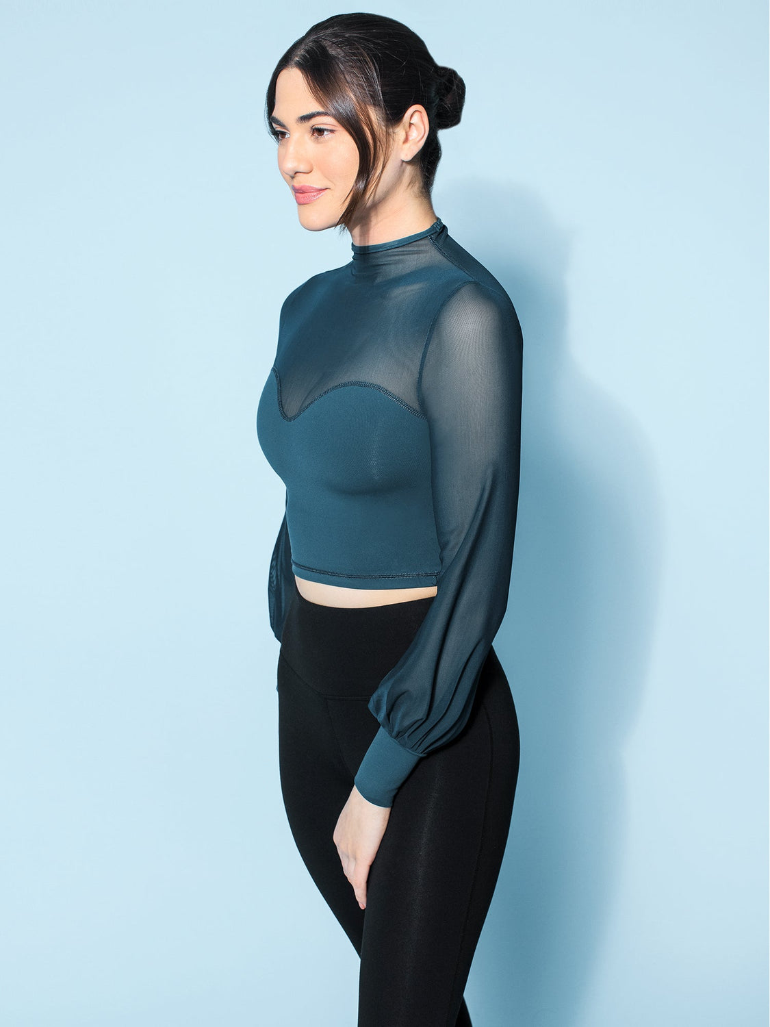 MESH ILLUSION PUFF SLEEVE CROP TOP, LAKE/LAKE MESH