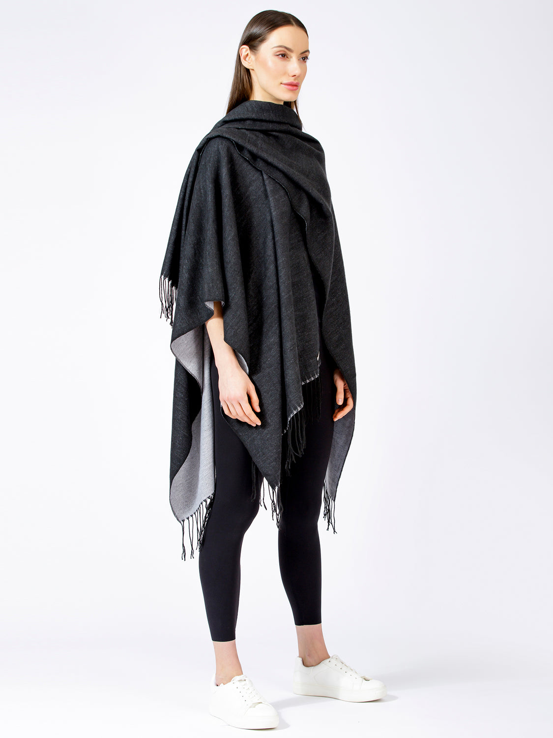 FREESTYLE FRINGED WRAP CAPE, BLACK