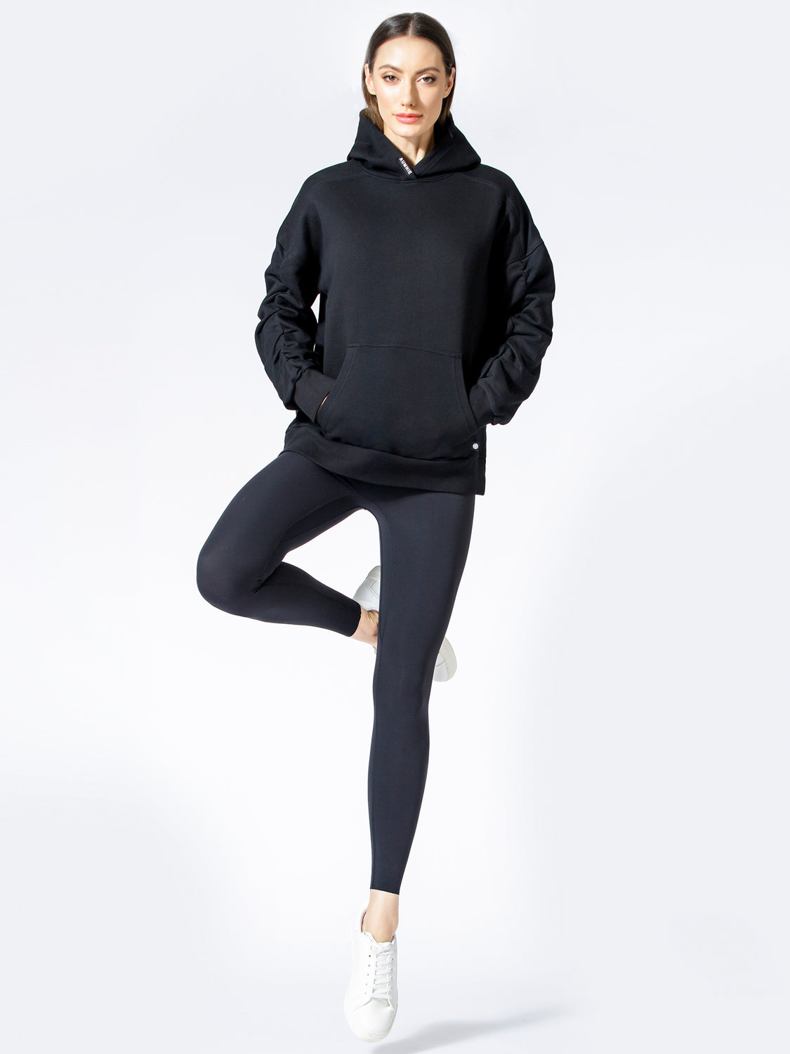 RUCHED RUNWAY HOODIE, BLACK