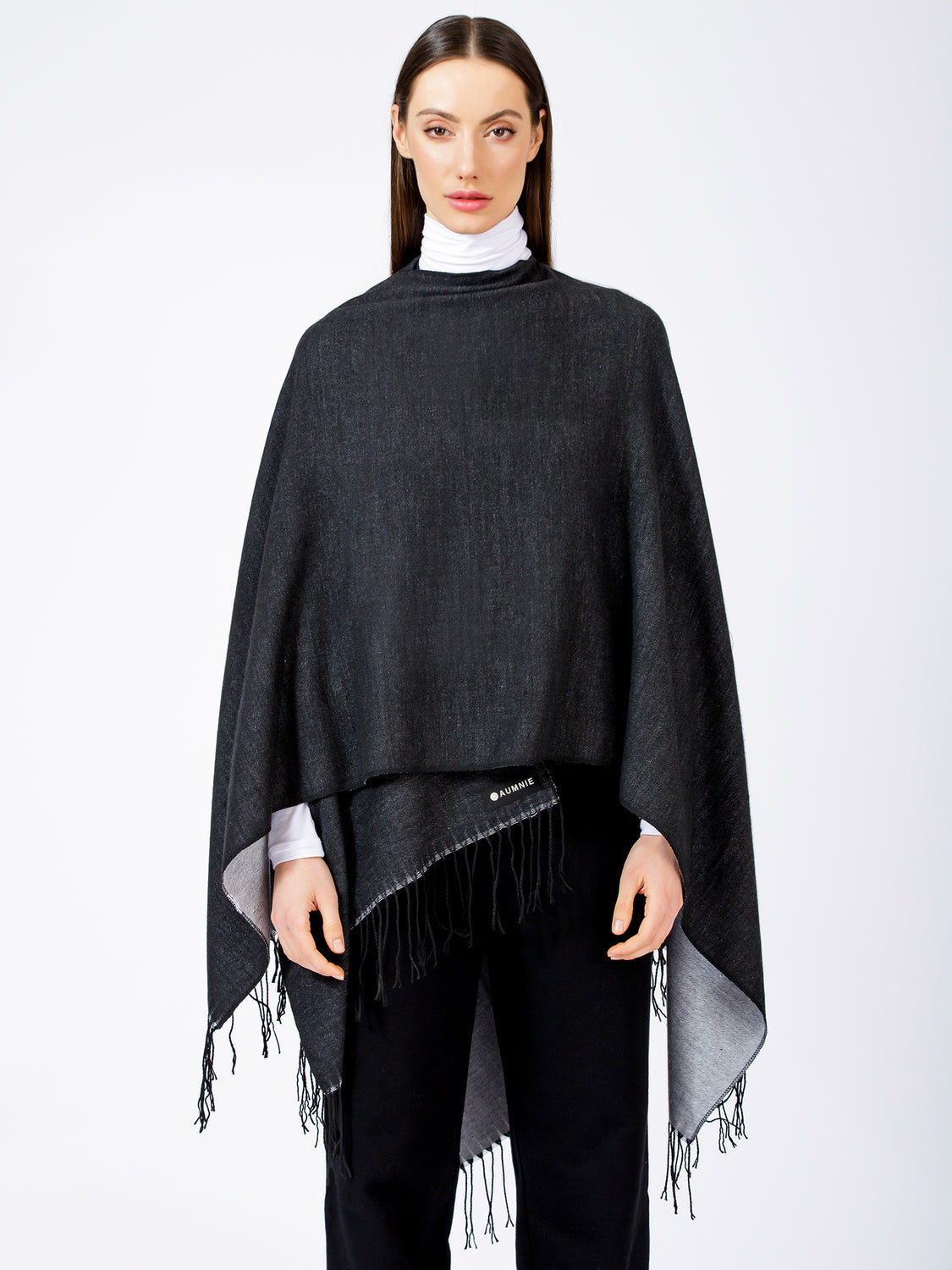 FREESTYLE FRINGED WRAP CAPE, BLACK