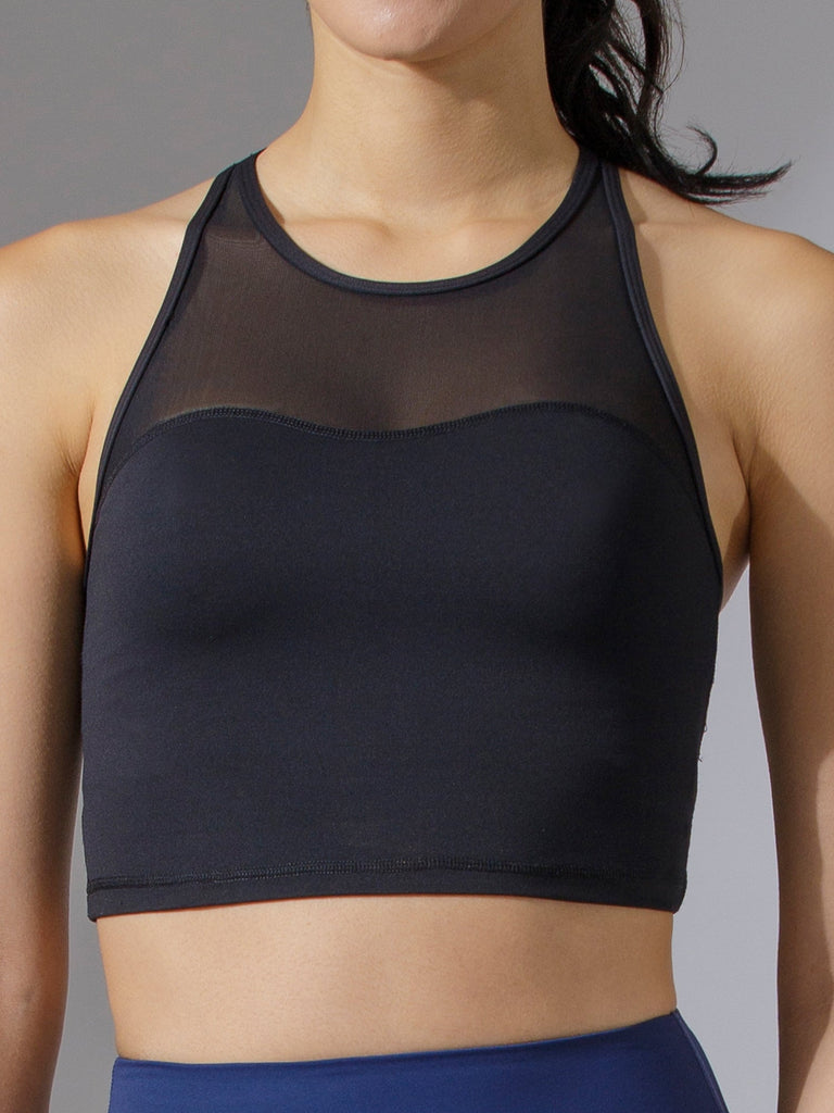 LABRYINTH CROPPED TANK, BLACK/BLACK MESH
