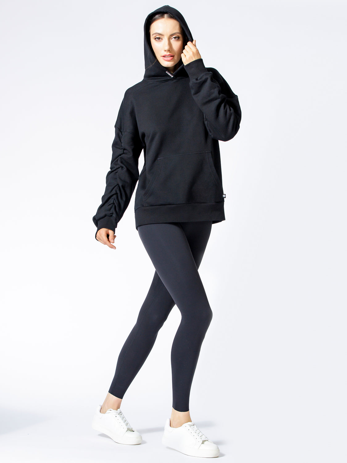 RUCHED RUNWAY HOODIE, BLACK