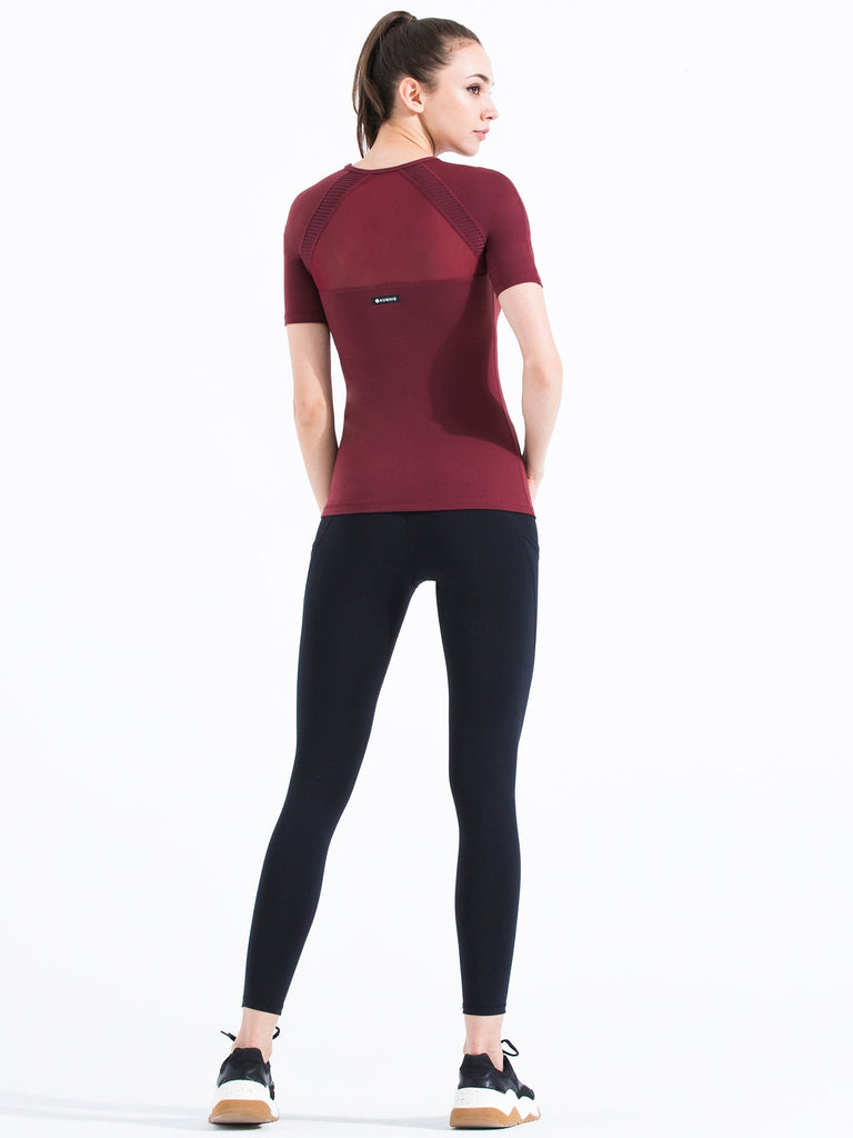 PLEATED MESH TEE, BORDEAUX