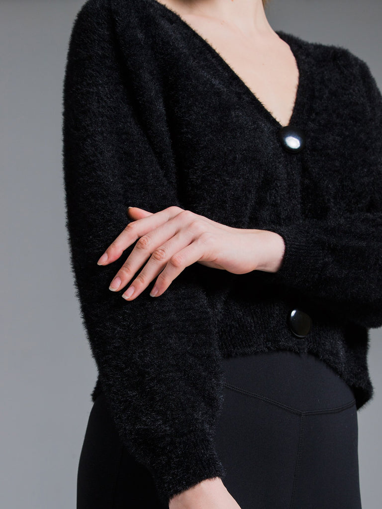 V-NECK FLUFFY CARDIGAN, BLACK