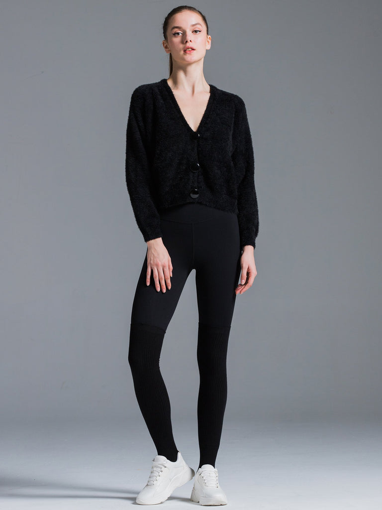 V-NECK FLUFFY CARDIGAN, BLACK