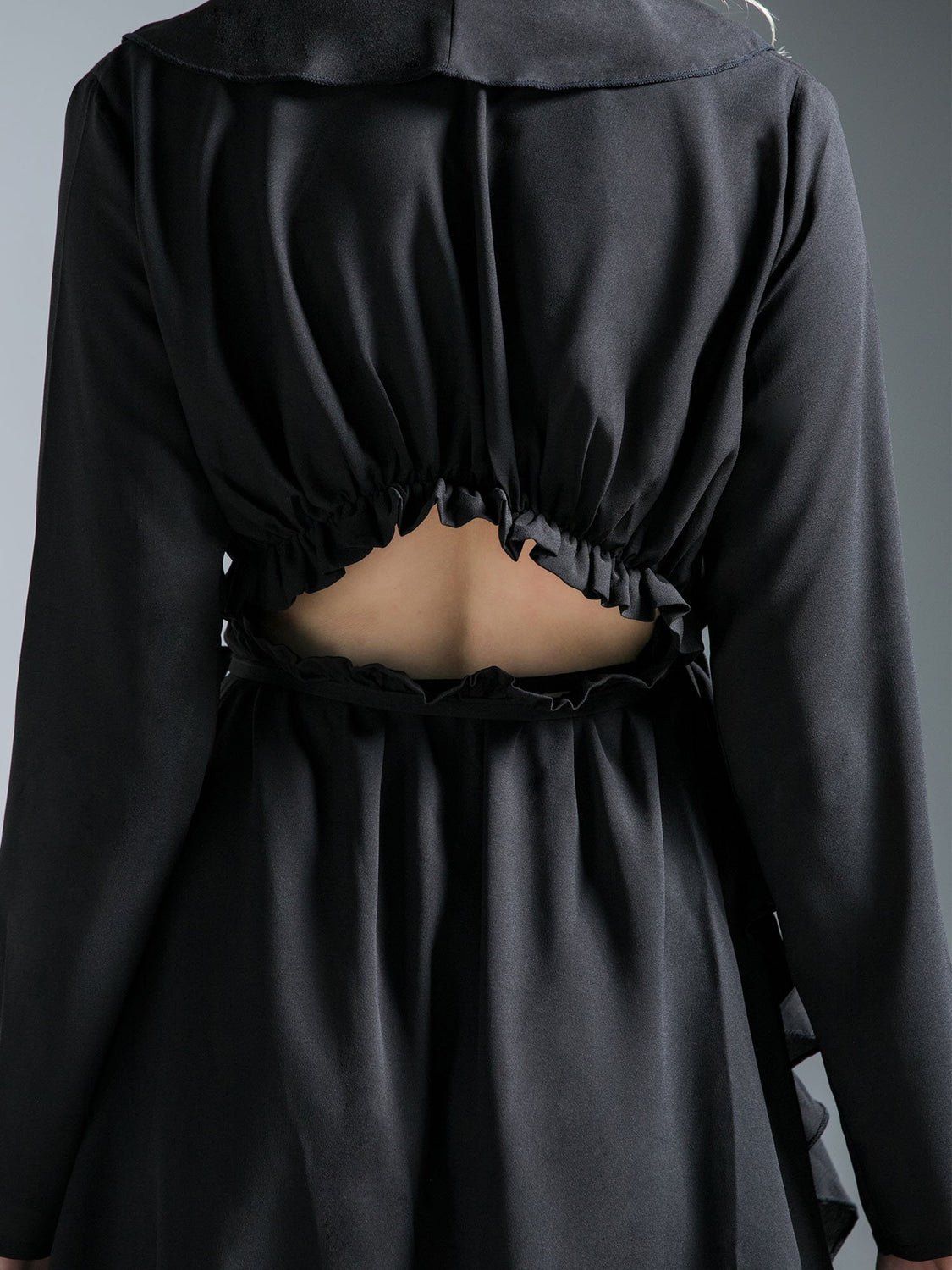 RUFFLED WRAP MINI DRESS, BLACK