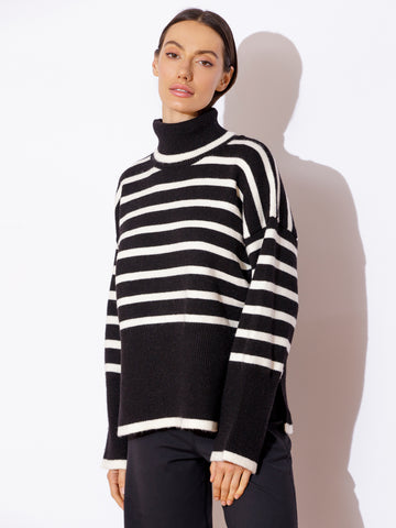 RELAXED STRIPED TURTLENECK SWEATER, BLACK/WHITE