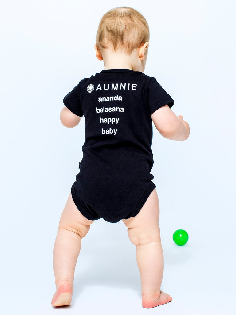 AUMkids HAPPY BABY SHORT SLEEVE ONESIE + BIB SET, BLACK