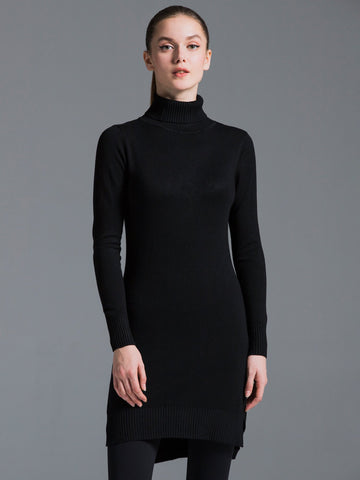 TURTLENECK KNIT DRESS W SLITS, BLACK
