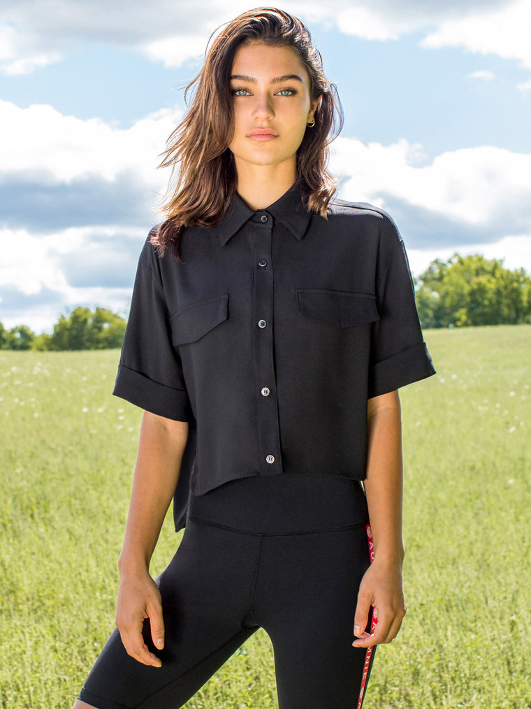 CROPPED CHIFFON BLOUSE, BLACK