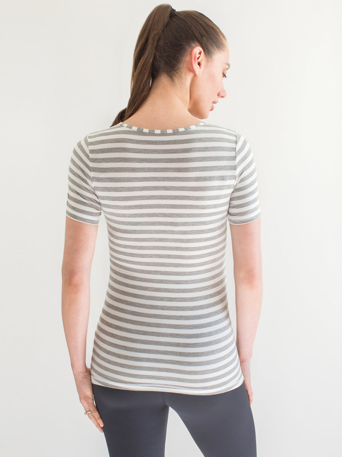 MATERNITY SOFT STRETCH SHORT SLEEVE TEE, LIGHT HEATHER GREY STRIPE