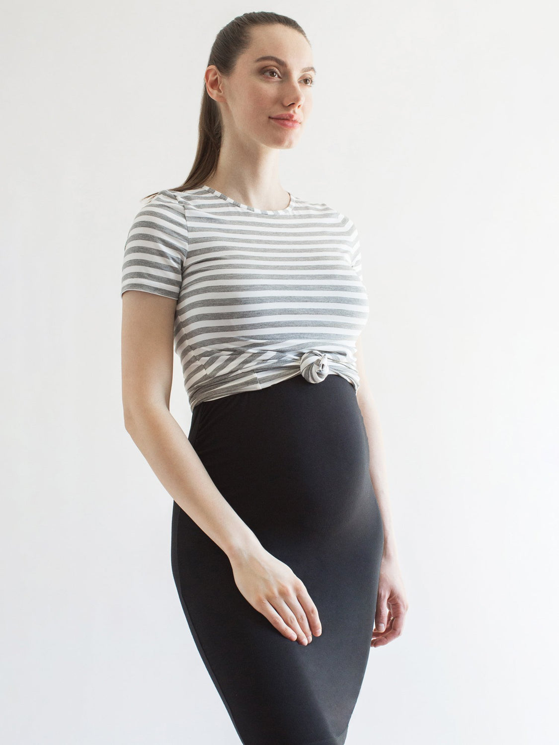 MATERNITY SOFT STRETCH SHORT SLEEVE TEE, LIGHT HEATHER GREY STRIPE