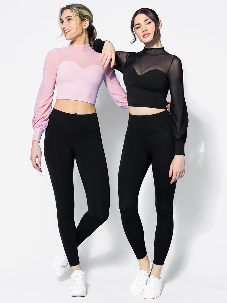 MESH ILLUSION PUFF SLEEVE CROP TOP, BLACK/BLACK MESH