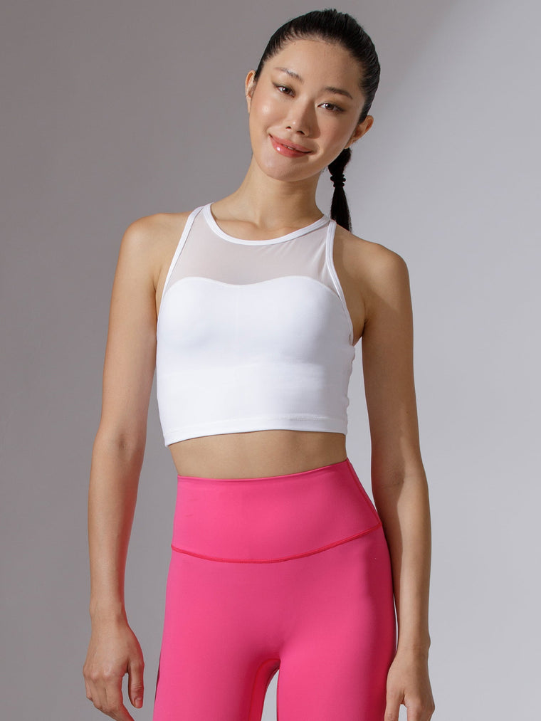 LABRYINTH CROPPED TANK, WHITE/WHITE MESH