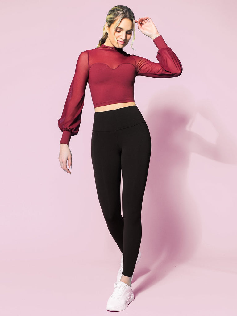 MESH ILLUSION PUFF SLEEVE CROP TOP, BORDEAUX/BORDEAUX MESH