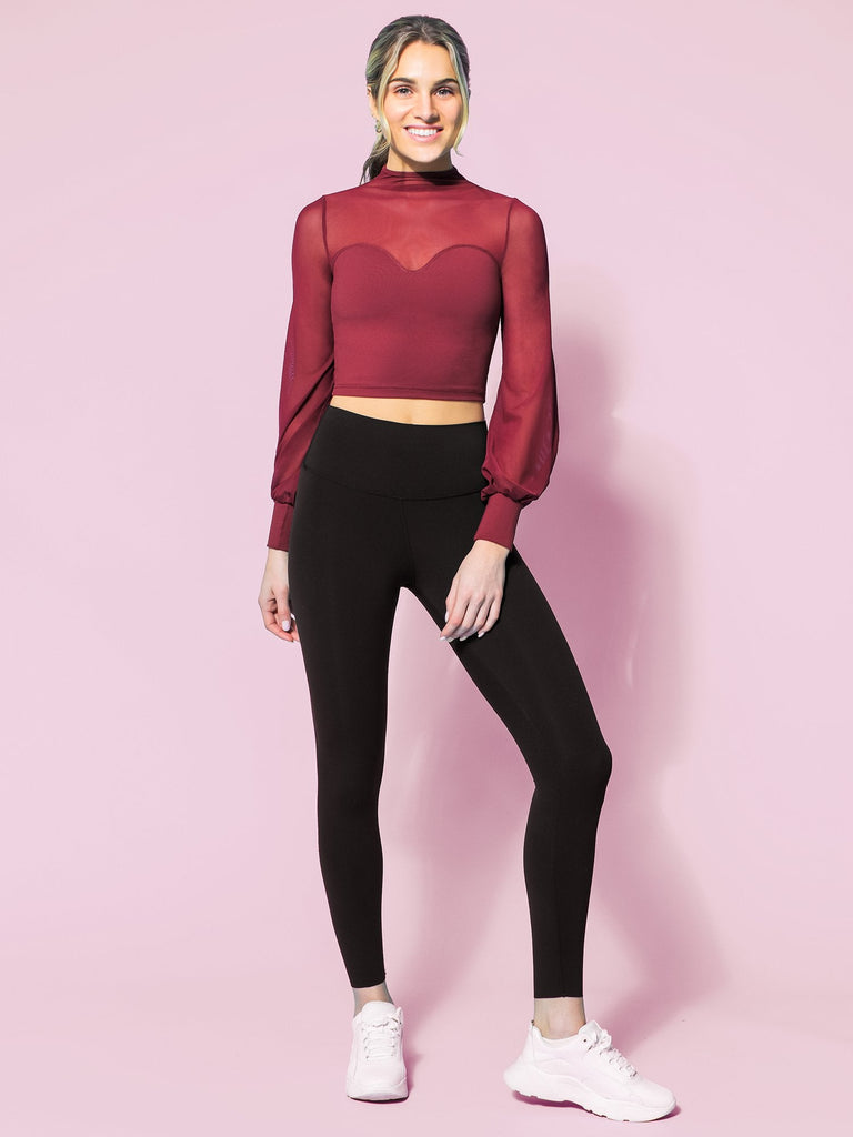 MESH ILLUSION PUFF SLEEVE CROP TOP, BORDEAUX/BORDEAUX MESH