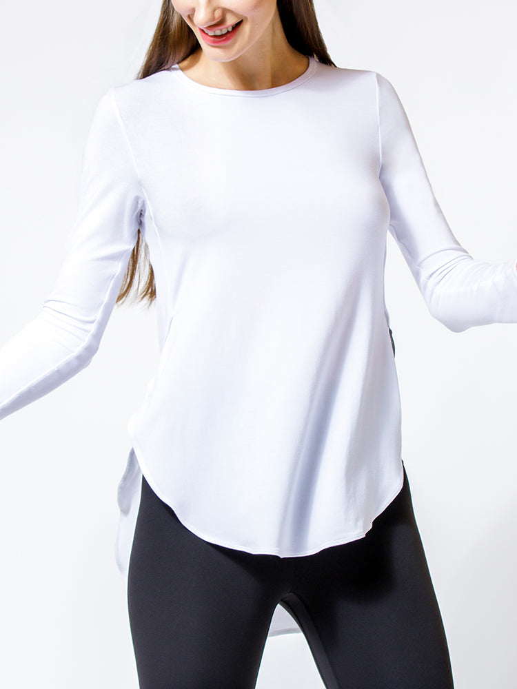 HI LO SPLIT SIDE  LONG SLEEVE TEE, WHITE