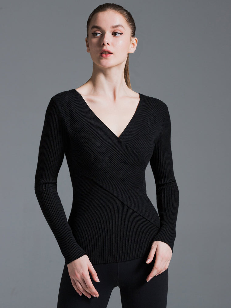V-NECK RIBBED WRAP TOP, BLACK