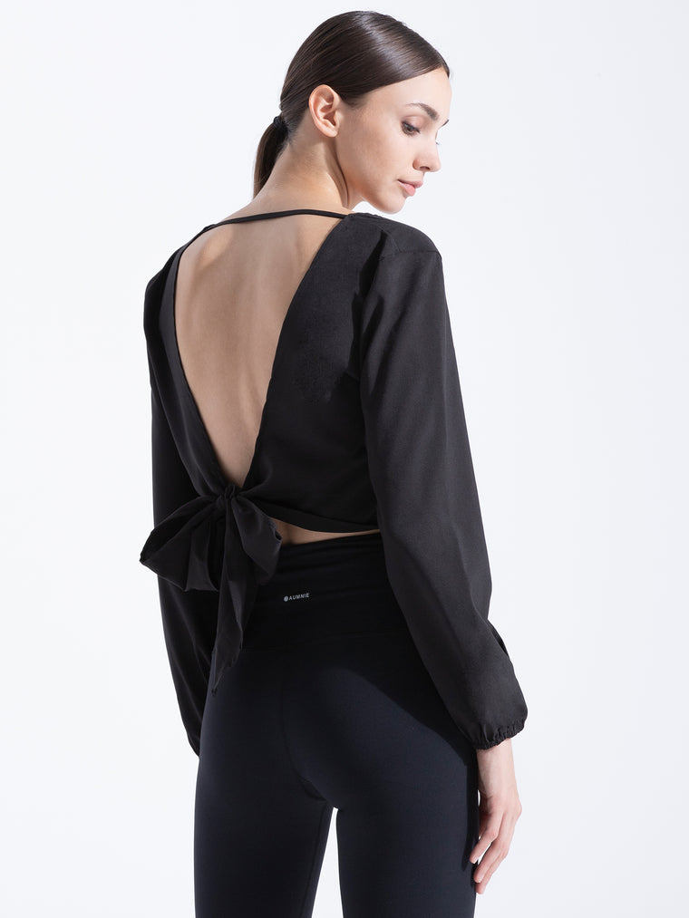 V NECK OPEN BACK TOP, BLACK