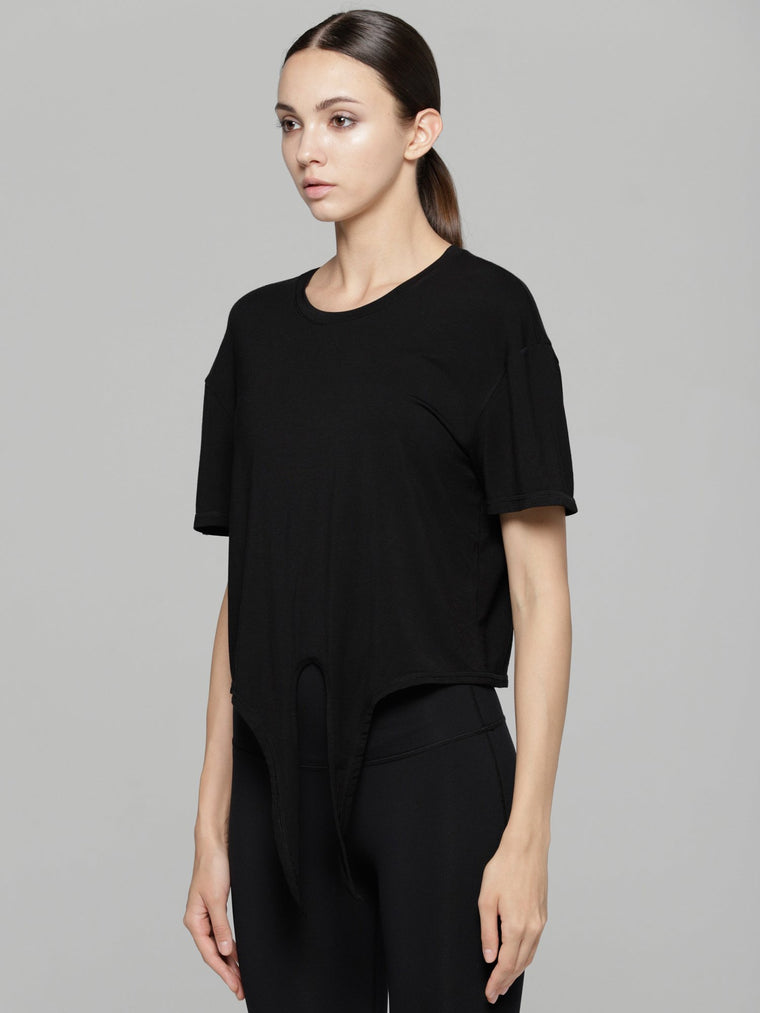 LOOSE FIT CROPPED TEE WITH FRONT TIE, BLACK