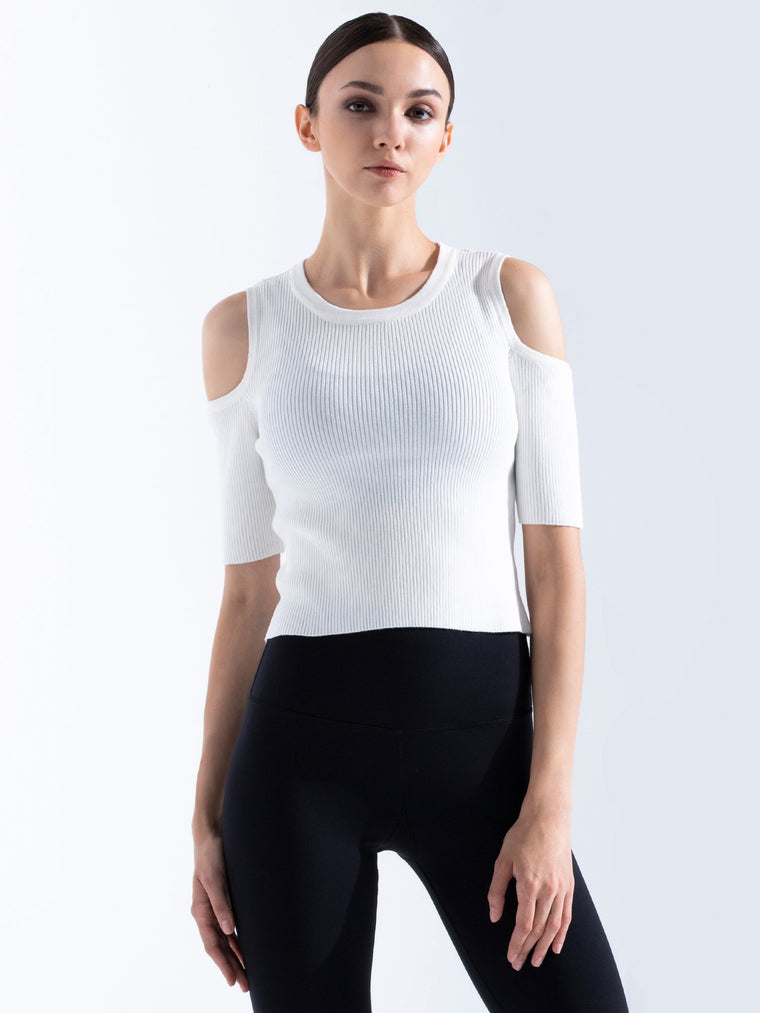 KNITTED EXPOSED SHOULDER TEE, WHITE